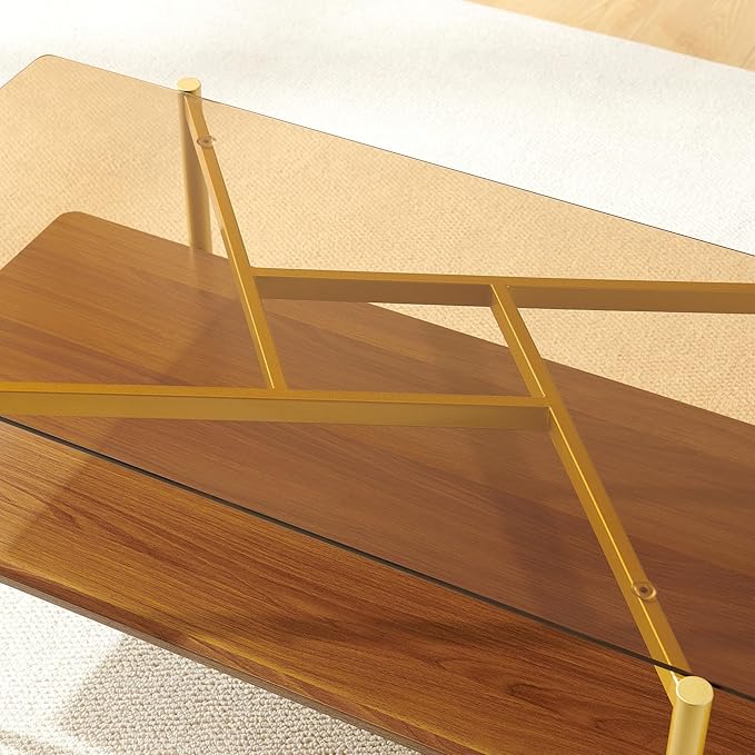 Pine Flicker Rectangle Coffee Table, Mid-Century Modern Design, L41*W21*H17 inch, for Living Room, Amber Glass Top and Walnut Finish Wood Shelf, Conical Metal Legs with Gold Finish