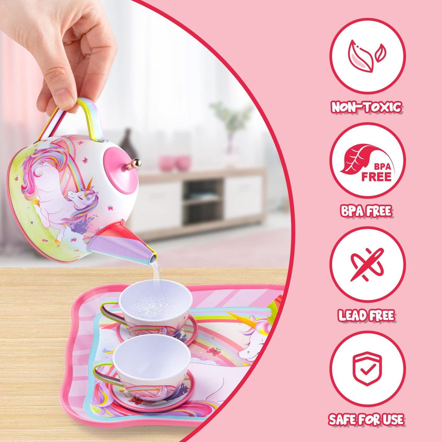 JOYIN Unicorn Tea Set for Toddlers Tea Party Set for Children Kids Pretend Role Play Tin Teapot Set with Cups, Plates and Carrying Case Kitchen Toy for Little Girls Birthday Gifts Age 3 4 5 6