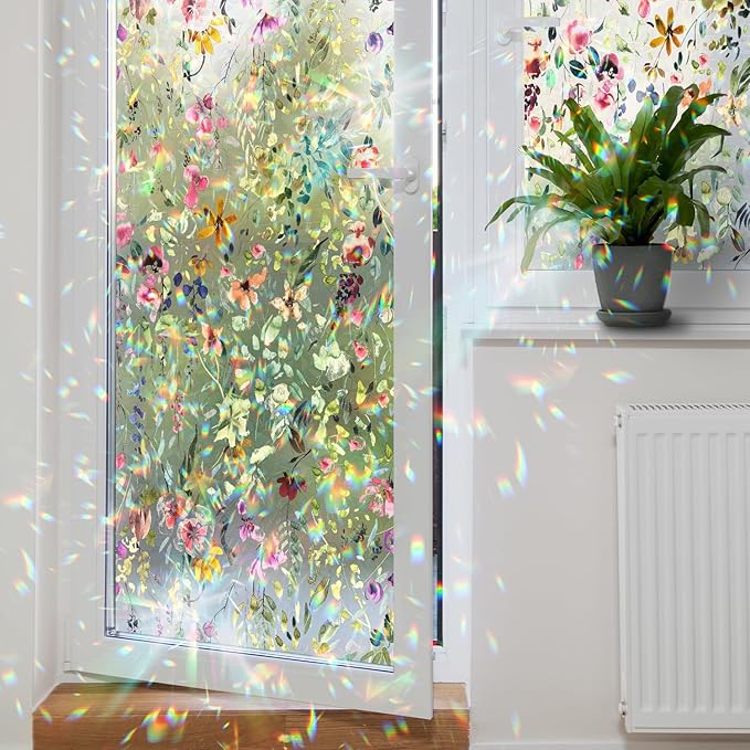 Rainbow Suncatcher Floral Window Film, Privacy Iridescent Static Cling Double-Sided Decals for Window Door Glass Decor, Spring Colorful Flower, 118.11" x 16.93"