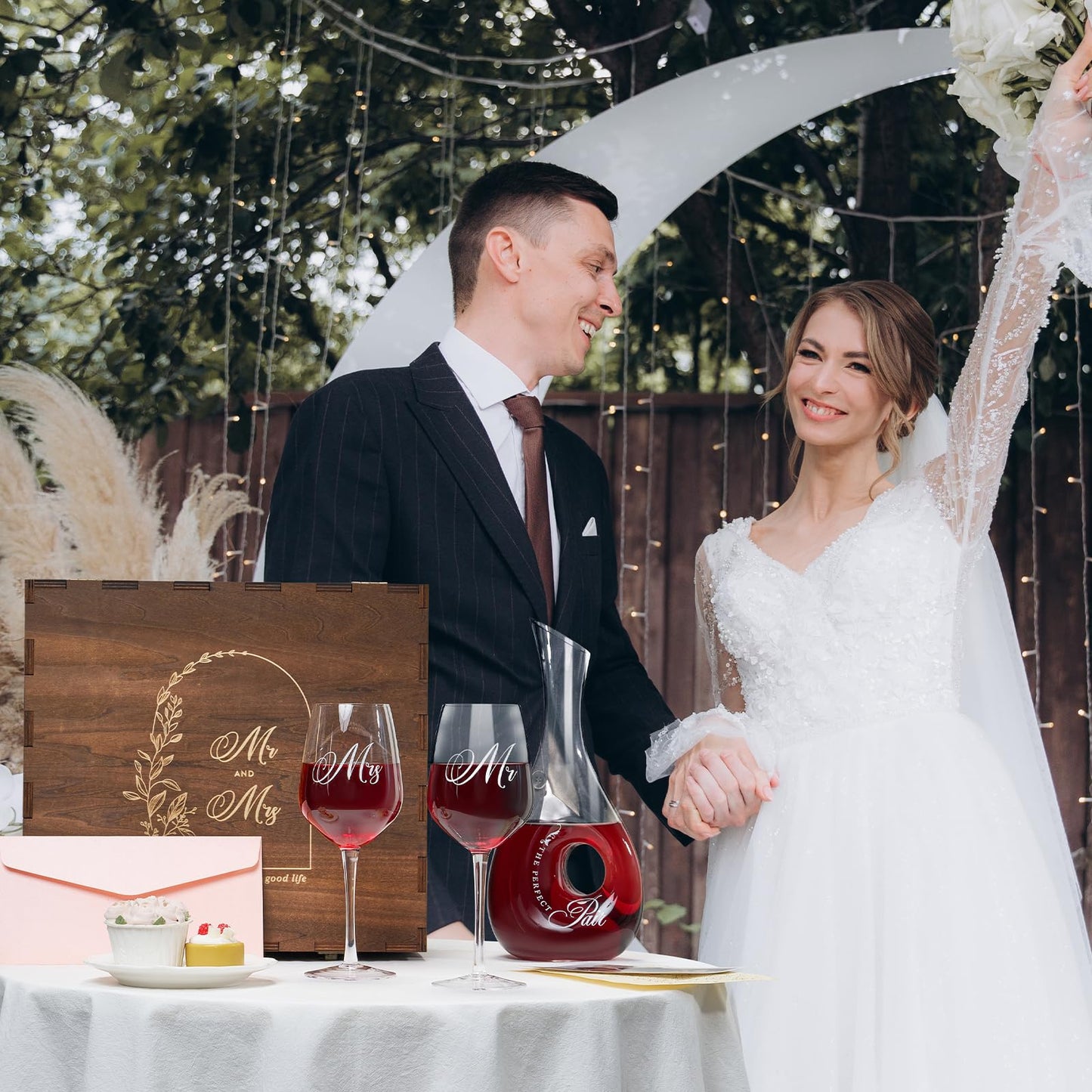 AW BRIDAL Mr and Mrs Wine Glasses and Decanter Set, Wedding Bridal Shower Engagement Gift for Couples 2025, Wedding Glasses for Anniversary Bride Bachelorette with Wood Keepsake Box