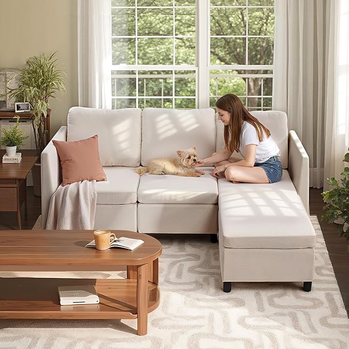VEVOR Modular Sectional Sofa, 3-Seater Modular Sofa with Hidden Storage, Customizable Cloud Sectional Couch with Ottoman, Solid Wood Frame Upholstered Couch for Living Room, Bedroom, Beige
