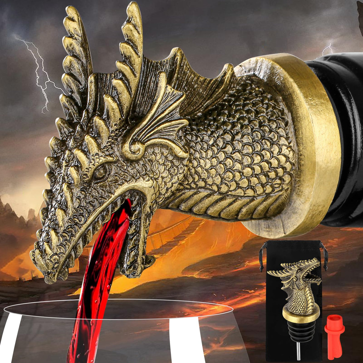LKKCHER Dragon Head Liquor Pourers Spout for Alcohol Spirits, Dragon Gifts 2-In-1 Wine Bottle Pourer and Stopper for Men Women, Wine Accessories Gifts, Bronze with Bag