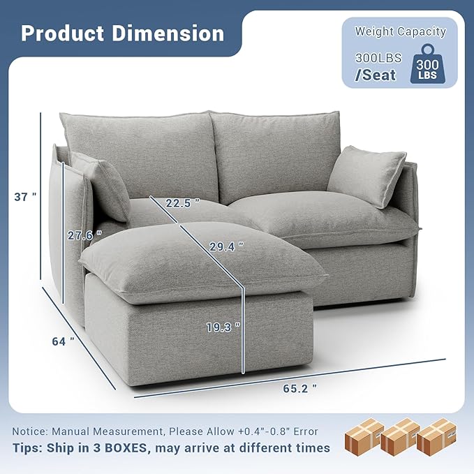 Lopzeho Cloud Modular Sectional Sofa, Waterproof Down Filled Sectional Sofa, High Backrest Loveseat Couch with Ottoman, Modern Modular Couch with Removable Cover, Light Gray
