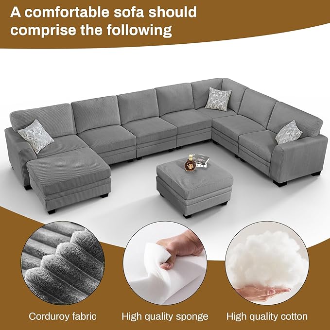 Legend Vansen Oversized Modular Sectional Sofa,9 Seat U Shaped Couch with Ottoman,Corduroy Sofa with Deep Seat,Convertible Large Sectional Couches for Living Room (Grey, U-9)