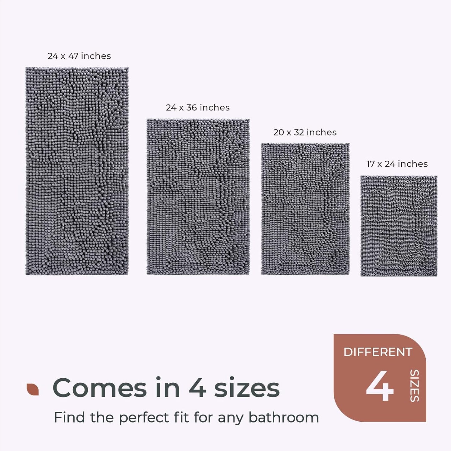 FRESHMINT Chenille Bathroom Rugs Mat 24"x17", Non-Slip Bath Mat for Bathroom Floor & Bathtub, Washable Soft Shower Shag Bath Rugs, Durable Fluffy Thick Water Absorbent Microfiber Shower Mat, Gray