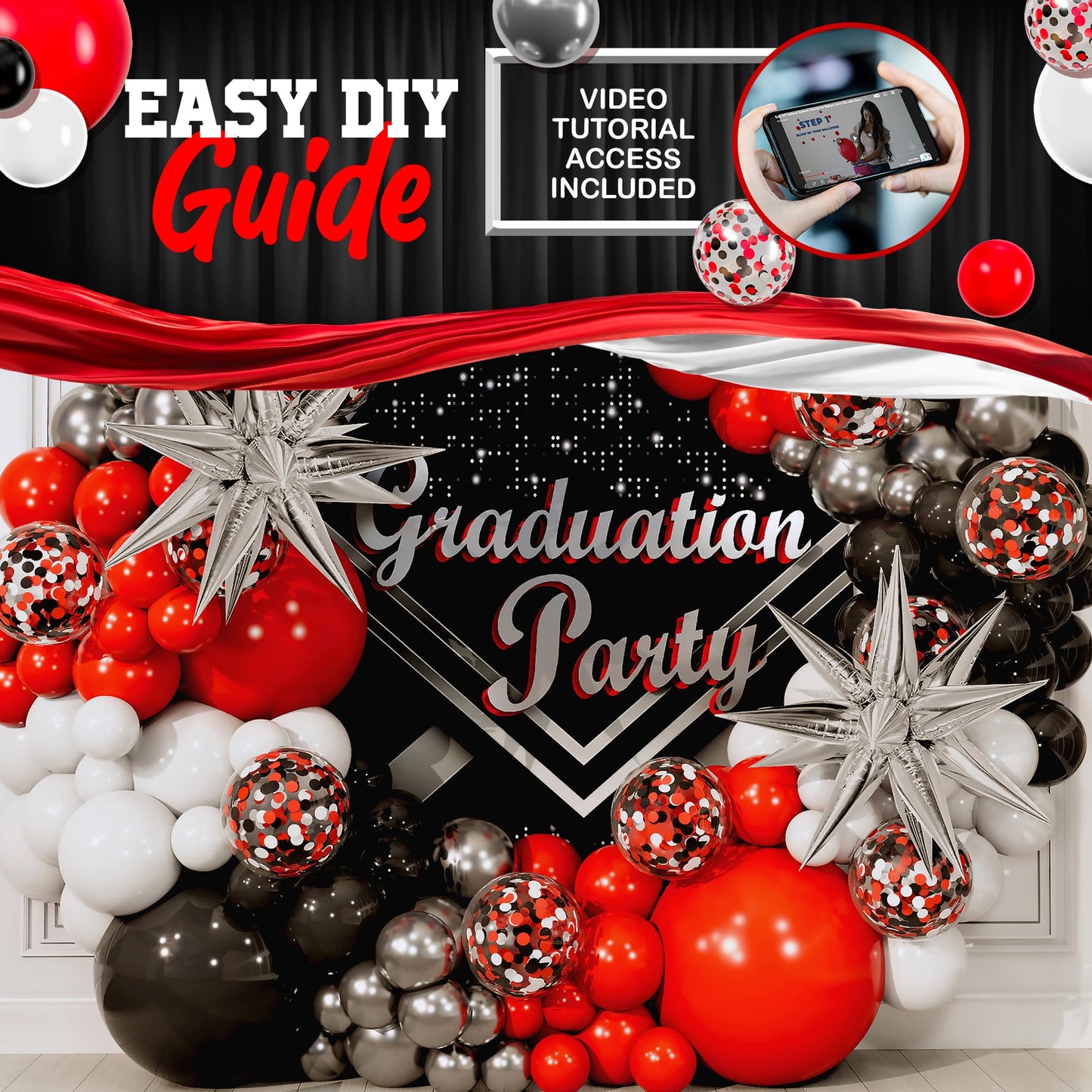 ALL-IN-1 Red Black and White Balloon Arch Kit for Red and Black Birthday Party Decorations – Reds and Blacks Balloons for White Black and Red Balloon Garland Kit – Graduation Black and Red Balloons