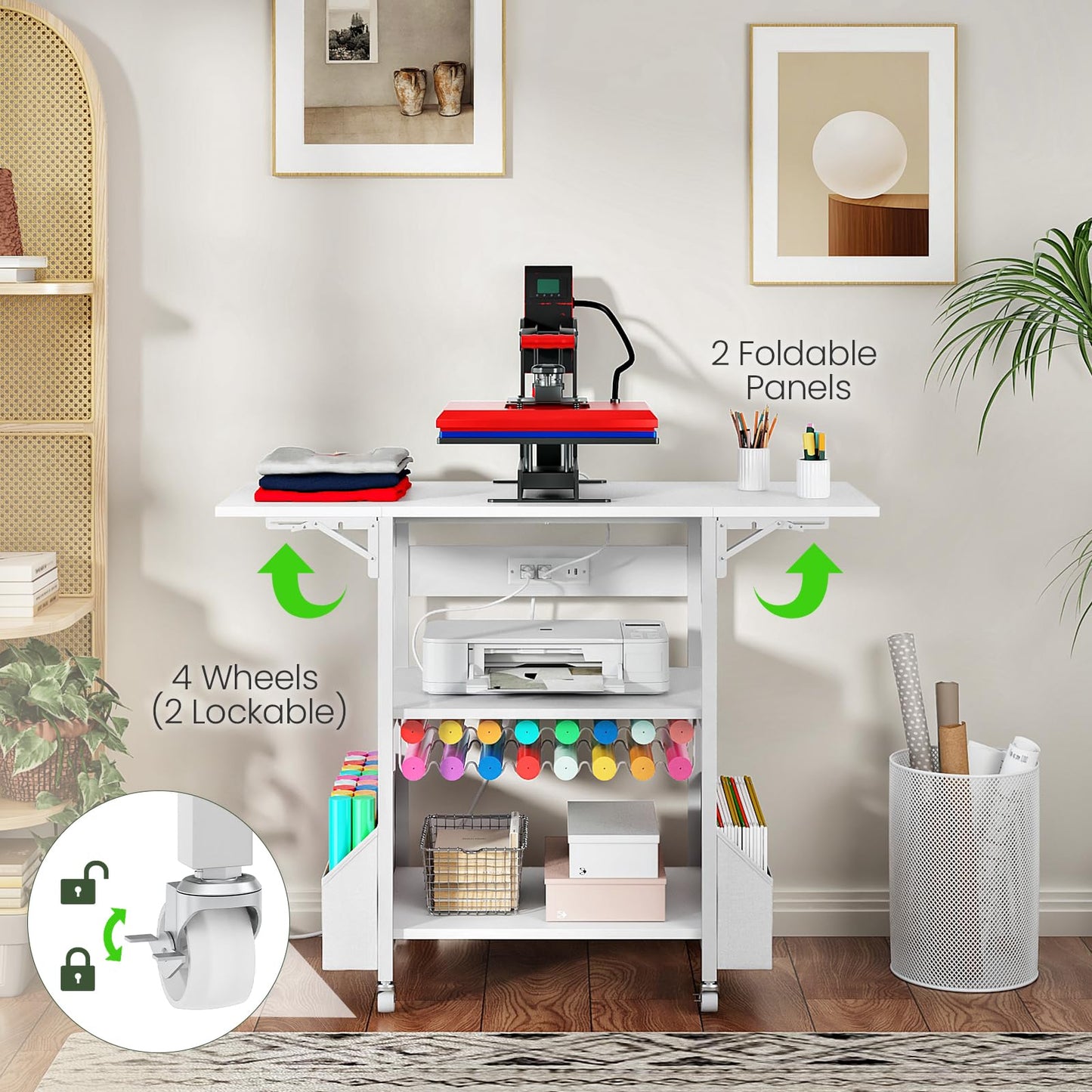 CHOEZON Foldable Heat Press Table with Charging Station, Movable Heat Transfer Stand with Vinyl Roll Holder and Storage Pockets, Mobile Workbench for DIY Sublimation Transfer, White TPS03UWB
