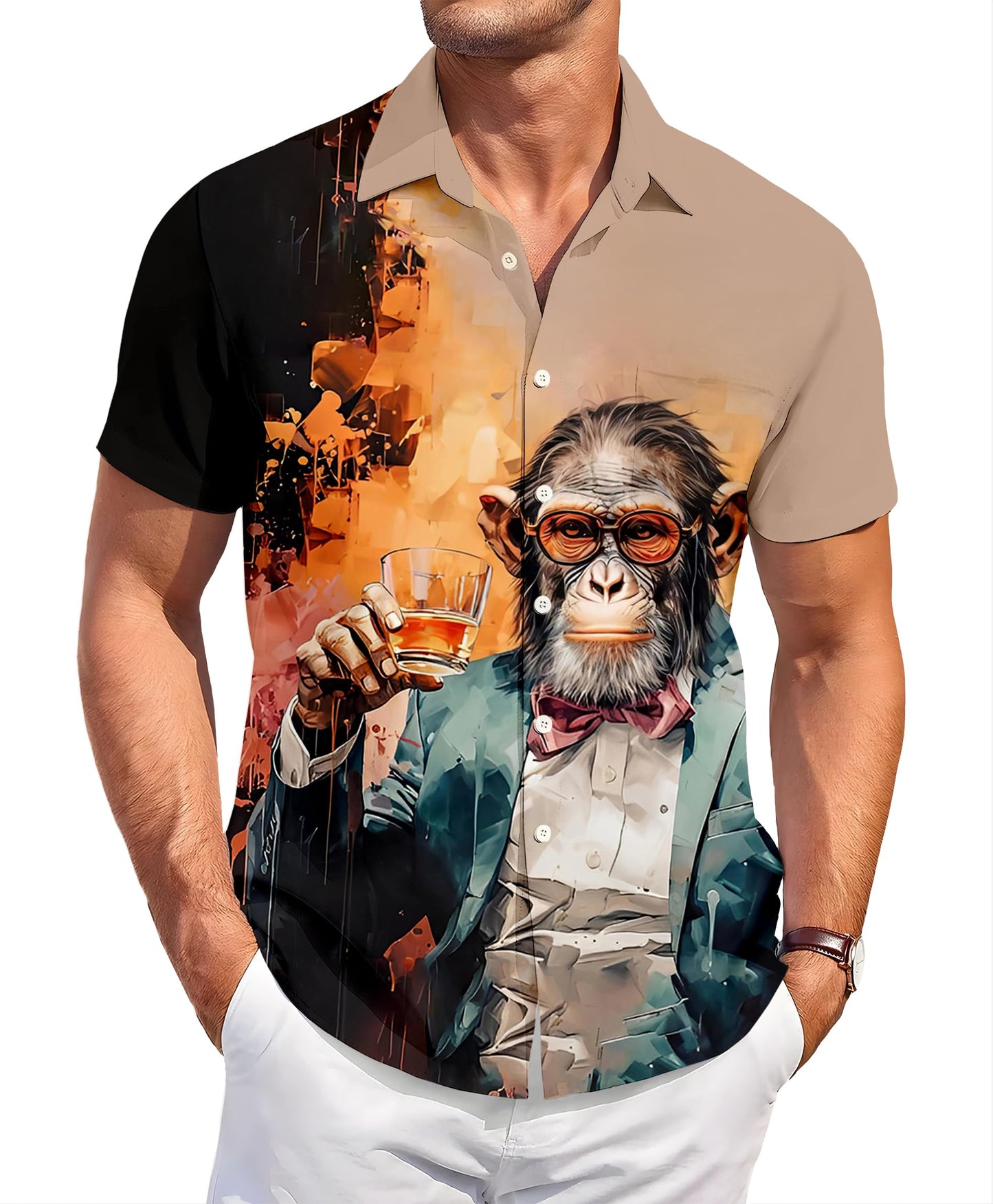 Men's Hawaiian Button Down Shirt, Monkey Print Design, Short Sleeve Regular Fit, Black and Brown