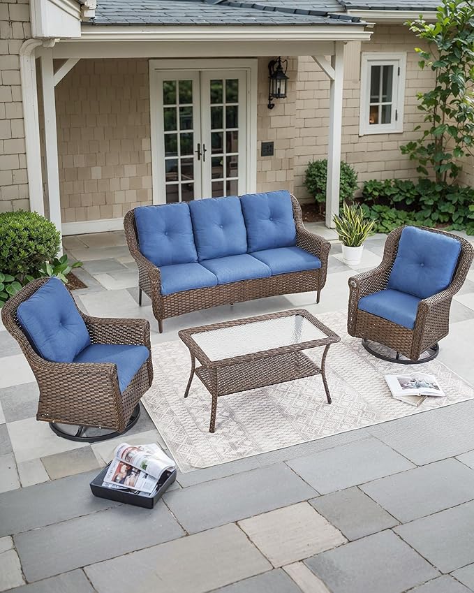 ACTREST Patio Couch Outdoor Wicker Sofa - Heavy Duty All-Weather Brown Rattan 3-Seater with High Back and Comfortable Thick Cushions for Garden Back Porch Poolside Apartment - Navy Blue
