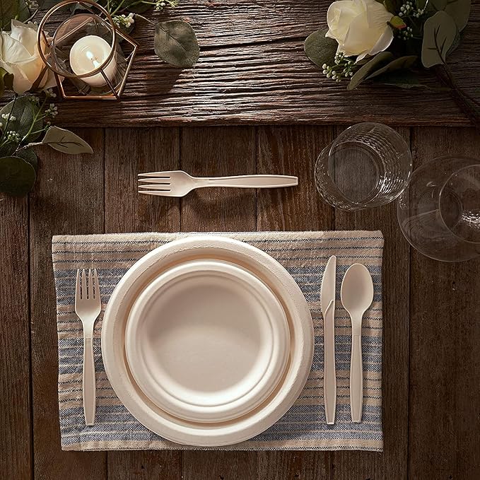 300 Piece (50 Sets) Biodegradable Paper Plates Set (EXTRA LONG UTENSILS), Disposable Dinnerware Set, Eco Friendly Compostable Plates & Utensil include Plates, Cups, Forks, Knives and Spoons