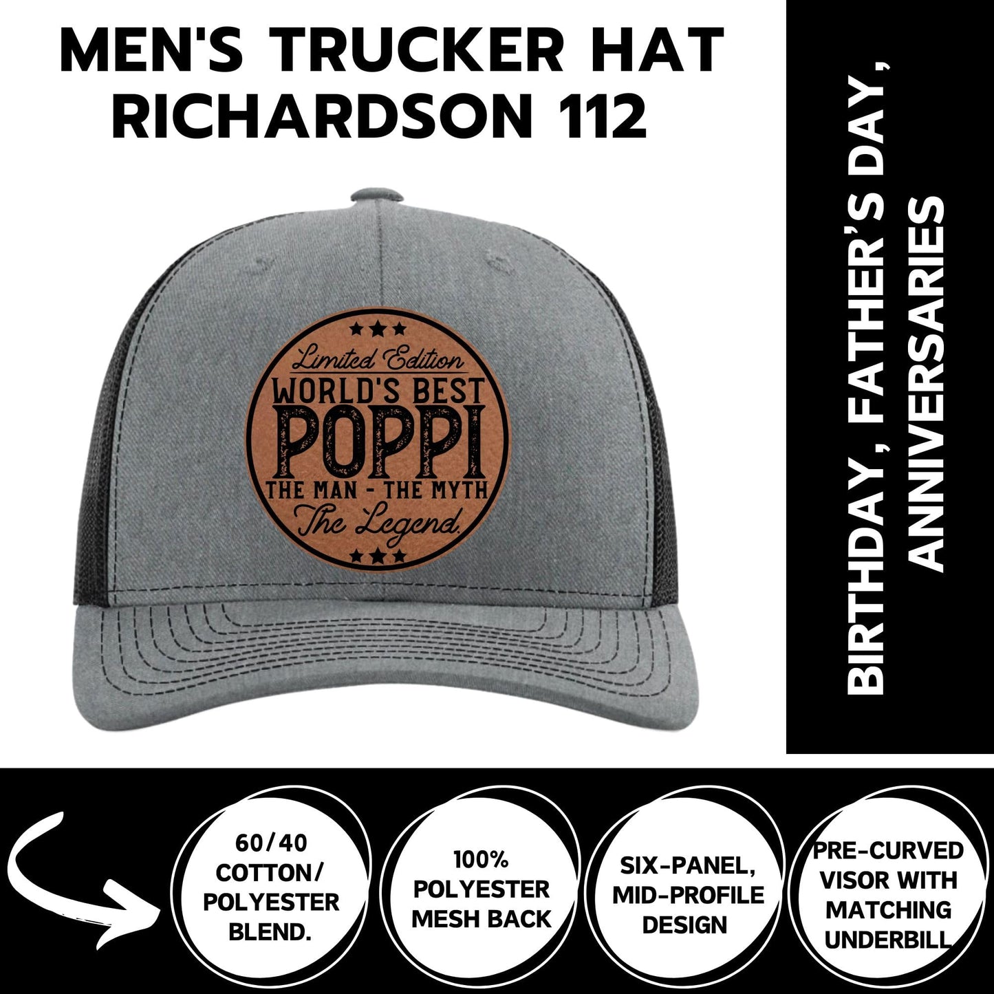 Poppi The Man The Myth The Legend Hat - Grandpa Gift for Poppi - Promoted to Grandpa - Worlds Best - Fathers Day Christmas Bday Gift from Grandson Granddaughter Grandkids - Richardson 112 Trucker Hat