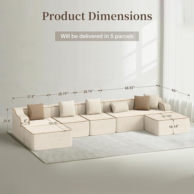 SUNSHINE VALLEY U Shaped Boneless Modular Cloud Couch, 162'' Oversized Corduroy Sectional Sofa for Living Room, 6-Seat Upholstered Modern Couch with Deep Seat, No Assembly Required, Beige