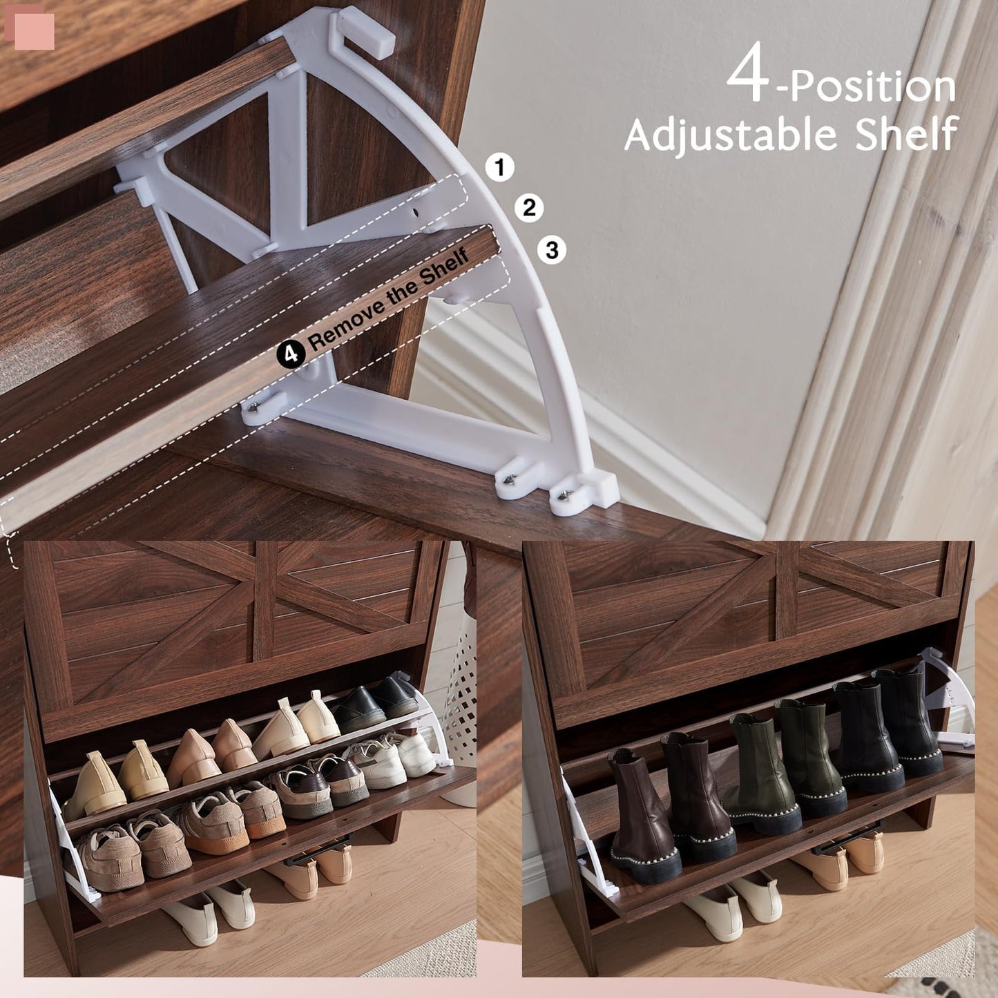 Barnyatoh Shoe Storage Cabinet, Farmhouse Shoe Organizer with 2 Hidden Flip Drawers & 2 Drawers, Narrow Freestanding Shoe Rack Cabinet with Adjustable Shelves for Entryway Hallway,Rustic Brown