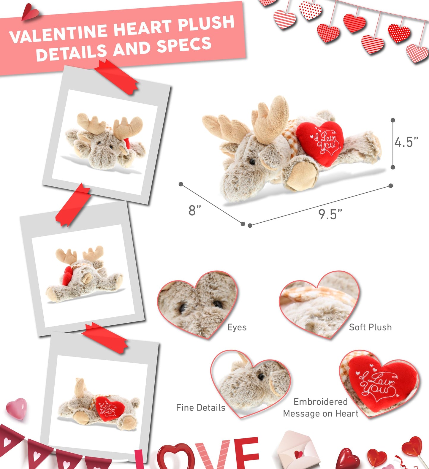DolliBu I Love You Valentine Plush Lying Moose - Cute Stuffed Animal with Red Heart and Name Personalization Gift for Valentine's Day, Birthday, Anniversary, Romantic Date - 11 Inches