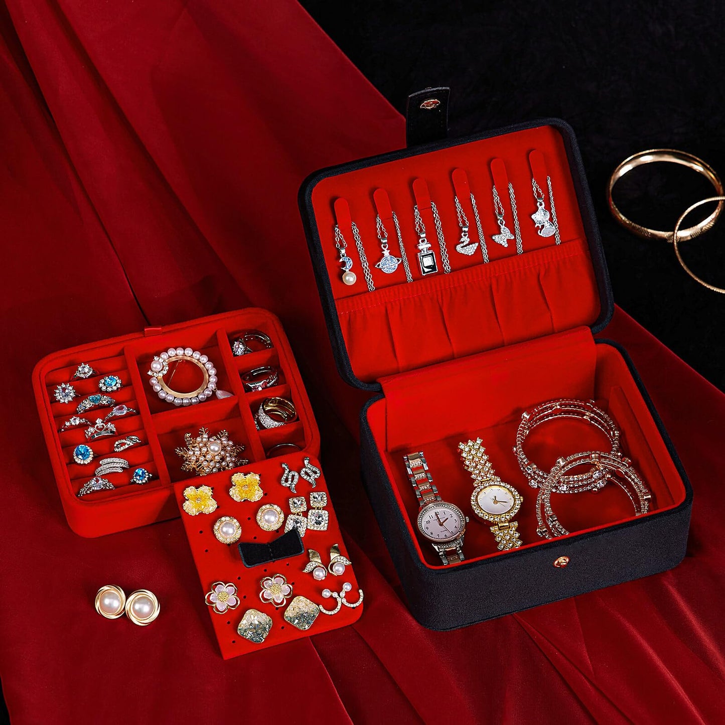 Homde Jewelry Box Small for Women: Ring Earring Organizer Storage for Dresser - Necklace Bracelets Holder with Multi Compartments(Black + Red)