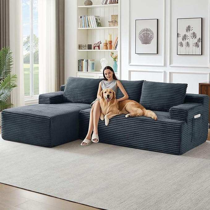 96" Cloud Sectional Couch with L-Shape Chaise, Modern Corduroy Boneless Couch for Living Room,Memory Foam Sofa with Deep Seat,No Assembly Required (Dark Gray,Left-Facing Chaise)