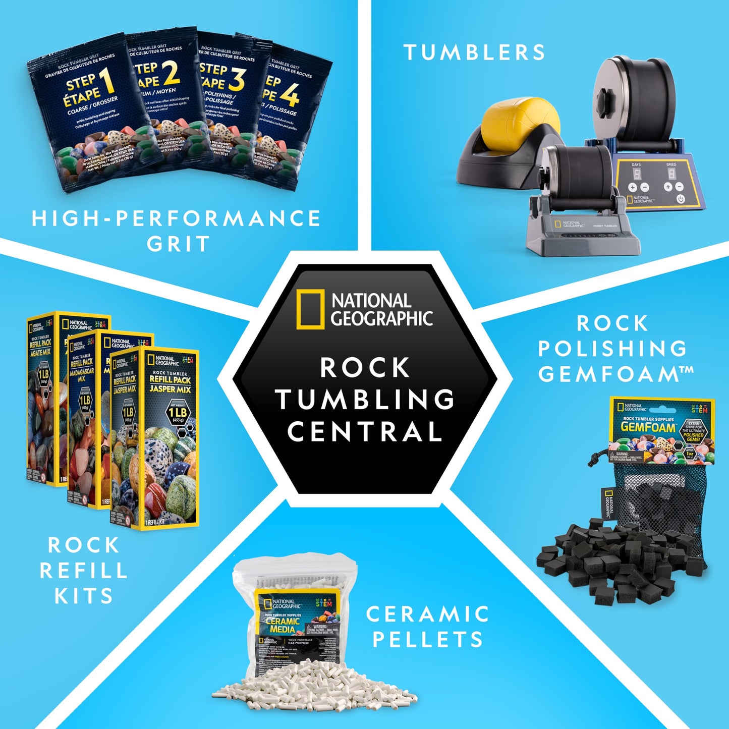 NATIONAL GEOGRAPHIC Rock Tumbler Grit and Polish Refill Kit - Tumbling Grit Media, Polish Up to 20 lbs. of Rocks, Works with any Rock Polisher & Tumbler Supplies