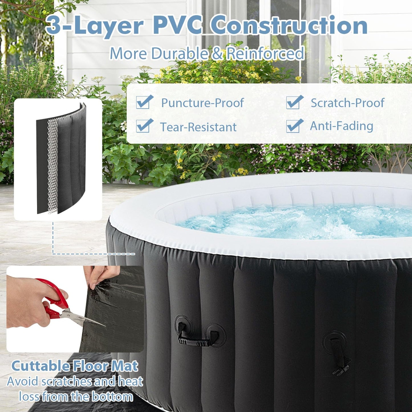 GYMAX Hot Tub, Inflatable Hot Tub with 110 Soothing Bubble Air Jets, Insulated Lockable Cover, Ground Mat & Filter Cartridges, Outdoor Blow Up Spa Tub for Backyard, Patio (Round, 2-4 Person)