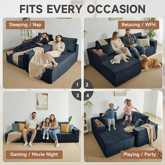 Modular Sectional Sofa Cloud Couch with Multi-Functional Armrests, Boneless Plush L-Shape Living Room Couch with Deep Seat, Fluffy Comfy Sleeper Sofa Easy Assembly (Black, Right Chaise)