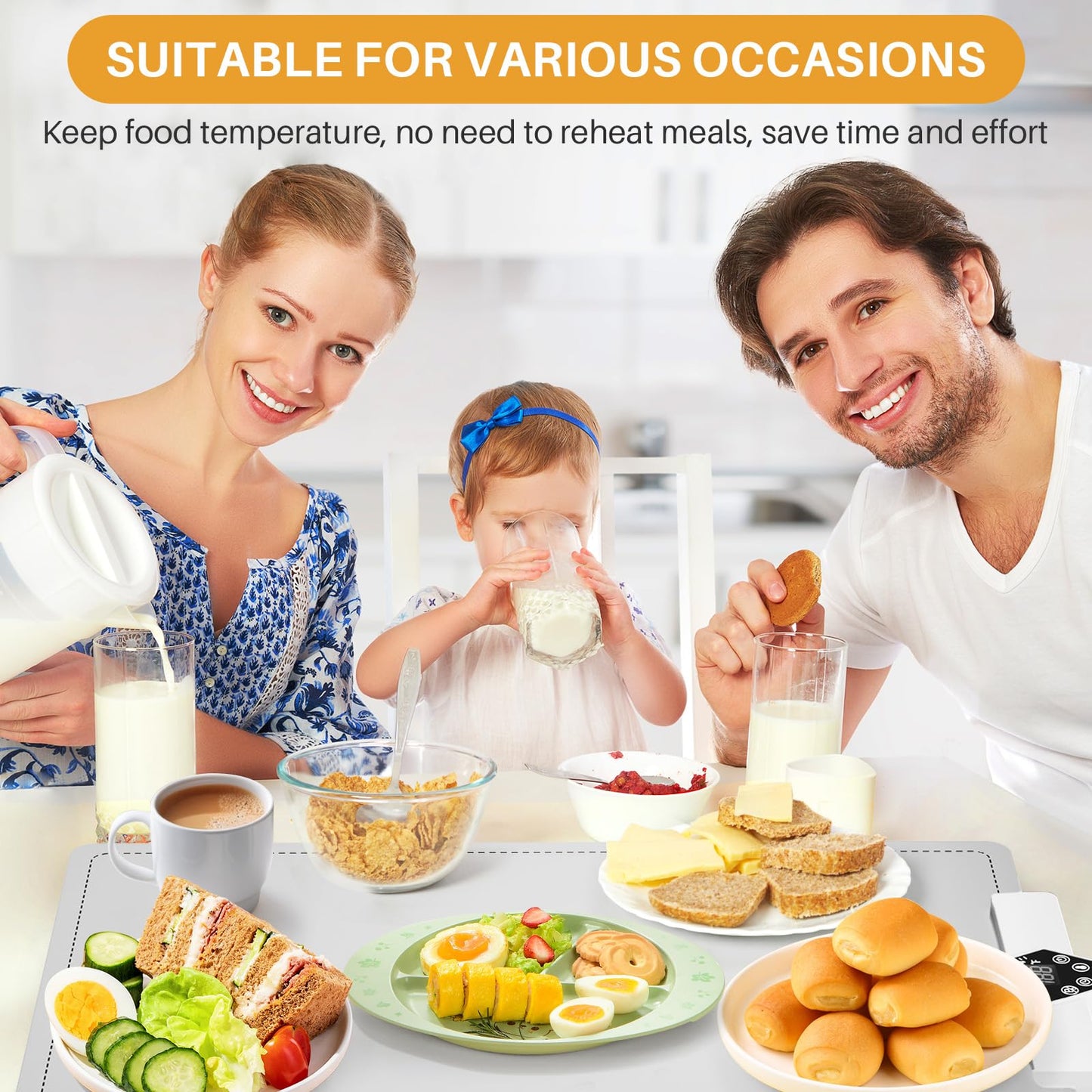 CJC Warming Mat for Food-Electric Warming Tray and Full Surface Heating,5 Temp Settings,4H Timer,Rollable Portable,24H Heating by Appointment,with 2M Cable,for Parties Gatherings Daily Use(White)
