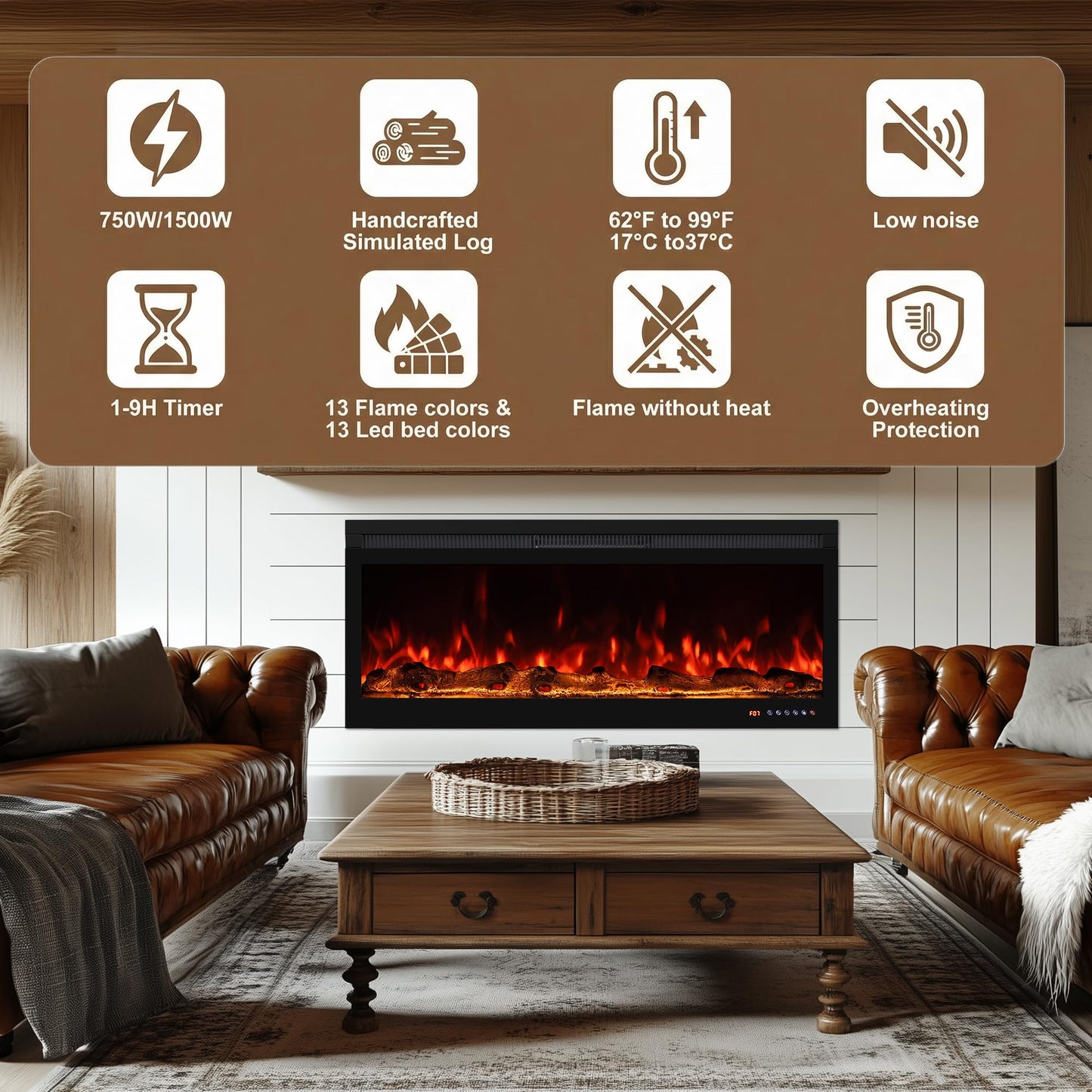 Oxhark Flame 50 Inch Smart Electric Fireplace Insert with Heater, Recessed or Wall Mounted, Remote and App Control, 9H Timer, Adjustable Realistic Flame Effects, 1500W Heater