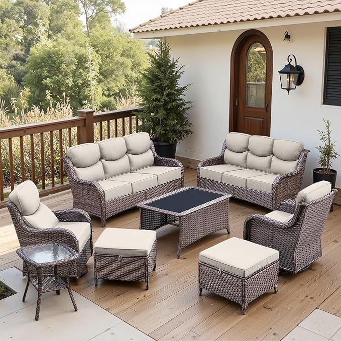Belord Luxury 6" Thick Cushioned 8 Pieces Patio Furniture Set with Outdoor Couch, Wicker Outdoor Conversation Set with High Back Swivel Rocker Chairs for Deck Porch Yard and Poolside - Brown+Beige