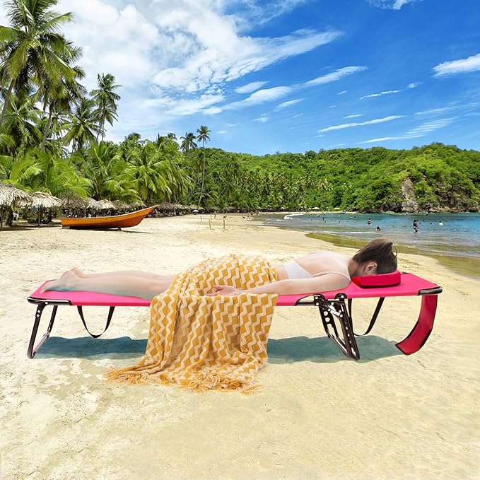 GYMAX Tanning Chair, 350lbs Beach Lounge Chair with Face Hole, Washable Pillow & Carry Strap, Adjustable Folding Chaise Lounge, Layout Lounger for Outside, Patio, Poolside, Lawn (2, Pink)