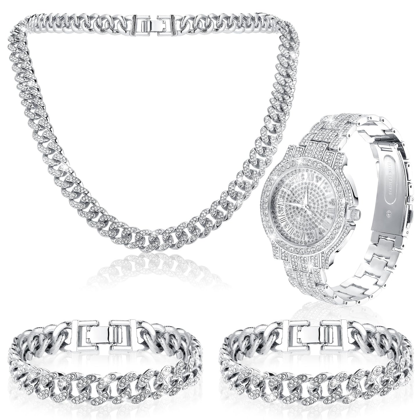 Huquary 4 Pcs Hip Hop Jewelry Set Cuban Link Chains Bling Rhinestone Watch for Man Artificial Diamond Necklace Bracelet Watch(Silver)