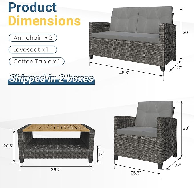 Wisteria Lane 4 Piece Patio Furniture Set, Wicker Outdoor Patio Conversation Furniture Set, All Weather Outdoor Patio Sofa with Cushion and Wood Table, Gray Wood