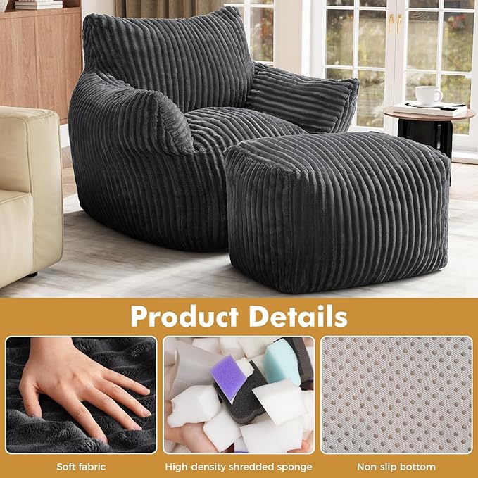 JULY'S SONG Bean Bag Chair with Ottoman for Adults, Fluffy Grey Lazy Couch Sofa Chair with Armrests for Living Room, Bedroom & Dorm