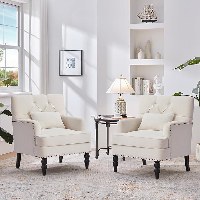 HUIMO Tufted Club Chair Set of 2 with Lumbar Pillow,Accent Chair Upholstered Button Armchair, Linen Fabric Sofa Chairs for Bedroom, Living Room, Mid Century Modern Reading Chair,Beige