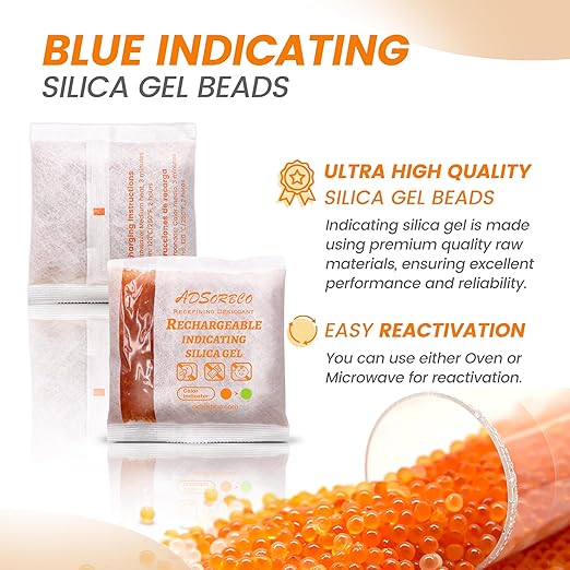Adsorbco Rechargeable Desiccant, Indicating Silica Gel Packets, Moisture Absorbers for Storage, Gun Safe Dehumidifiers (200, 2g)