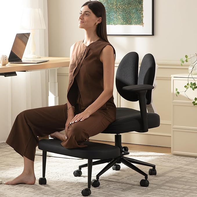 Criss Cross Office Chair with Armrest Wheels & Stretchable Rotating Footrest, Ergonomic Cross Legged Swivel Chair with Back Support& Adjustable Height for Yoga Kneeling Meditation Home Office