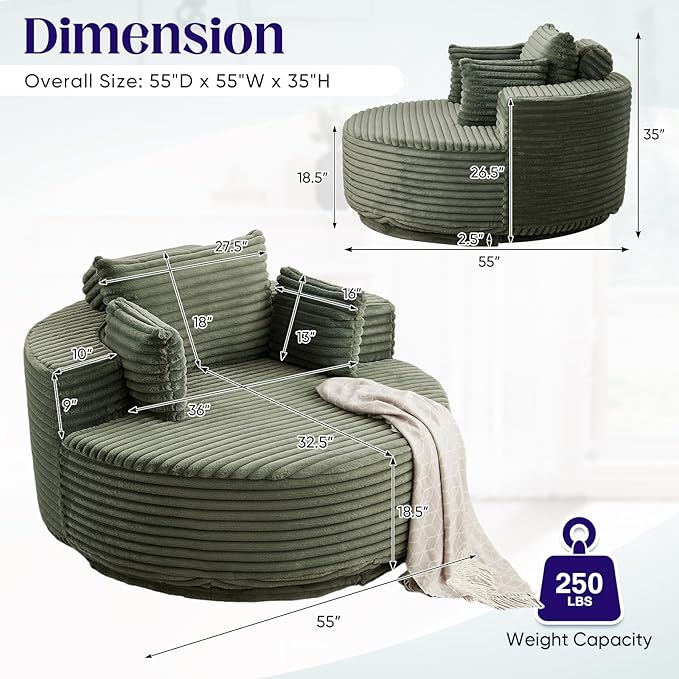 360-Degree Oversized Swivel Chair, Modern Round Circle Corduroy Comfy Deep Seat Swivel Accent Chaise Lounge Sofa Chair with Back Cushion & 2 Throw Pillows for Living Room Bedroom Office, Green