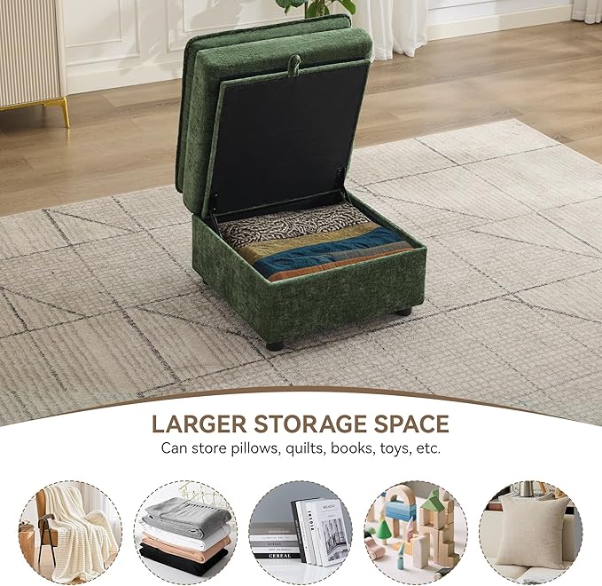 Abbrevi 27" Large Square Ottoman with Storage, Modern Upholstered Footrest with Anti-Slip Legs for Couch Coffee Table Living Room, Bedroom, Entryway, Chenille Green