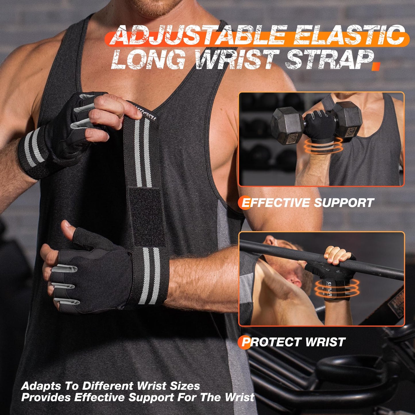 SIMARI Wrist Support Workout Gloves for Men & Women, Weight Lifting Gloves with Padded, Grip, Full Palm Protection, Gift for Gym Exercise, Cycling, Weightlifting Training, Fitness, Black Gray, Size XL