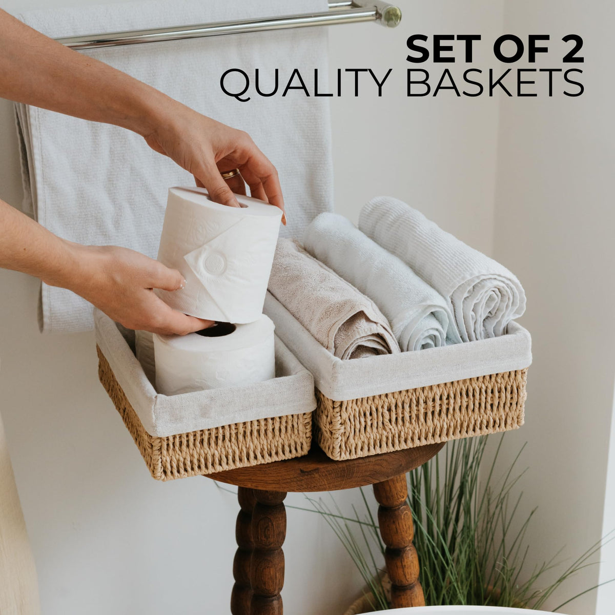KIBAGA Beautiful Toilet Paper Storage Basket Set of 2 – Decorative Wicker Bathroom Organizer for Toilet Tank Trays - Quality Holder Bin For Shelves Fits Perfectly With Any Bathroom Decor
