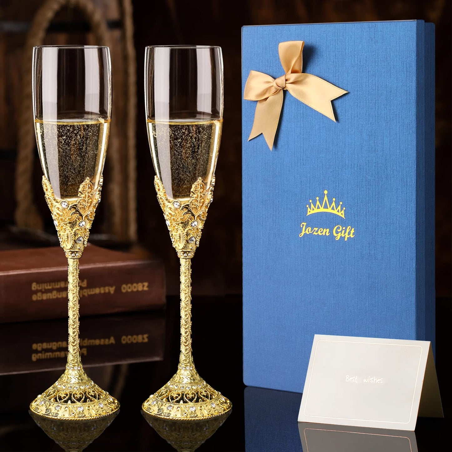 Jozen Gift Champagne Flutes-Set of 2 Champagne glasses, Crystal Glasses&Metal Base, Toasting Flute Pair, Wedding Anniversary, Party,Birthday,Banquets,Gifts for Bride and Groom 6 oz-Gold
