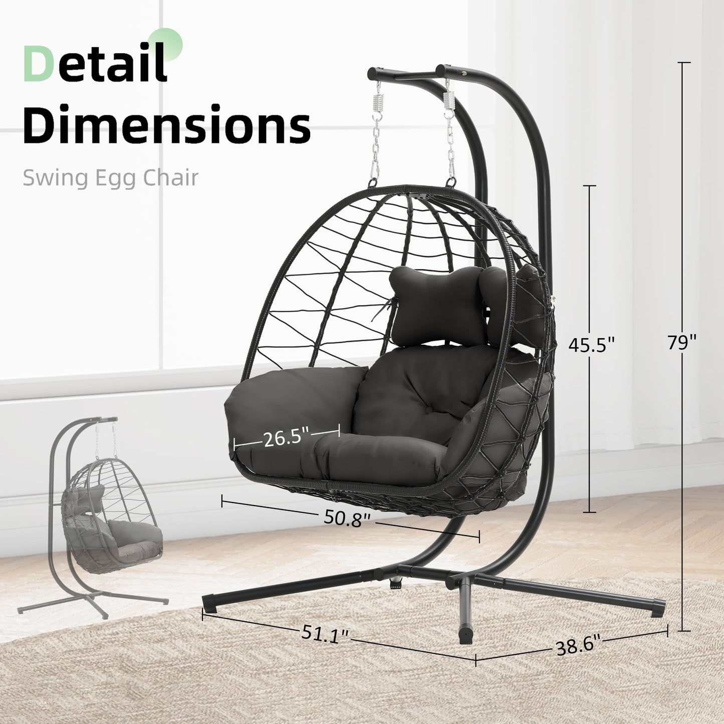 Double Egg Chair wth Stand Hammock Swing Chair Foldable Hanging Loveseat, UV Resistant Removable Cushions, 700LBS Capacity for Bedroom, Balcony, Garden(BK-GR)