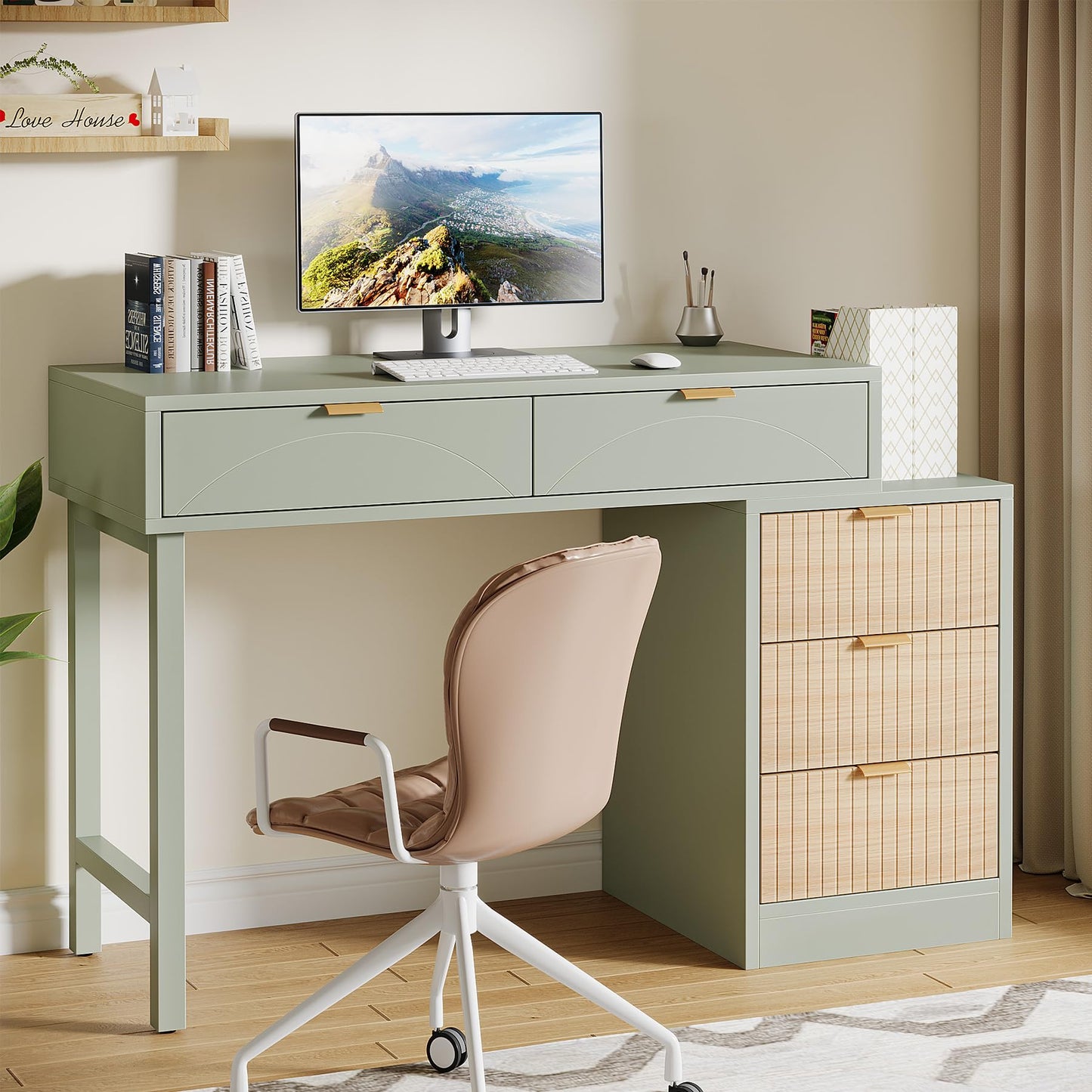 Tribesigns Computer Desk with 5 Drawers, Reversible Small Modern Writing Desk with Storage, Wooden Study Table Office Workstation for Home Office, Small Spaces, Mint Green