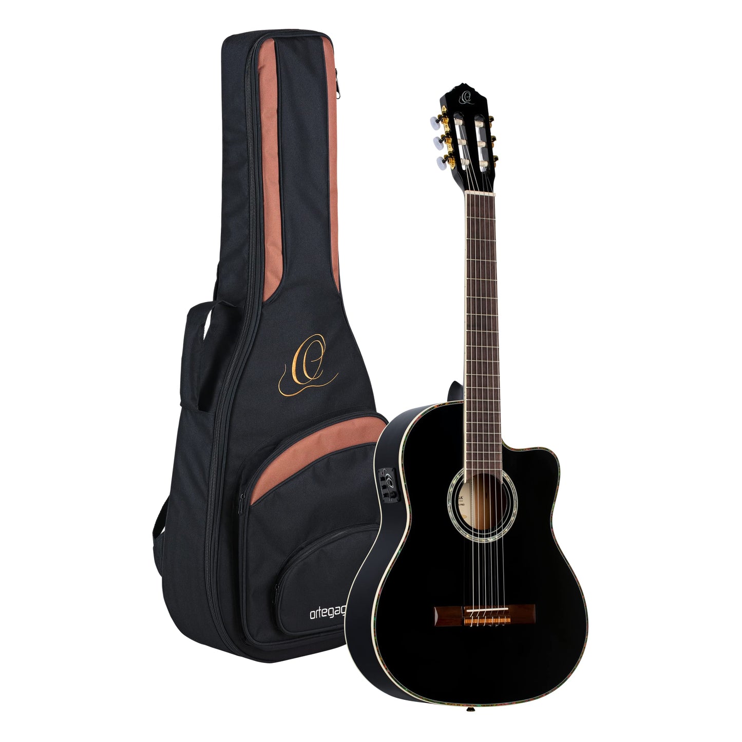 Ortega Guitars 6 String Family Series Pro Solid Top Acoustic-Electric Nylon Classical Guitar W/Bag, Right (Rce141Bk)