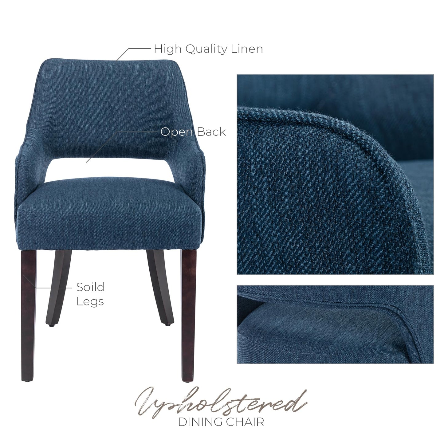 LZAREAL Modern Dining Chairs Set of 2 Upholstered Linen Accent Side Chair with Mid Open Back & Wood Legs, Arm Chair for Home Kitchen and Restaurant, Linen Blue