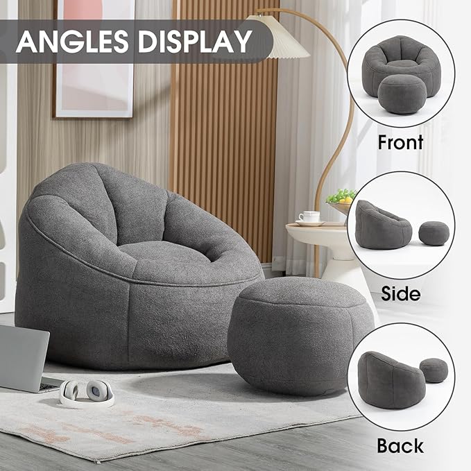 Sudwesto Bean Bag Chair for Adult, Microfiber Upholstered Bean Bag Sofa with Petal Back, Shell-Shaped Beanbag Chair with Footstool, Memory Foam Stuffed Lazy Sofa for Living Room, Bedroom (Grey)