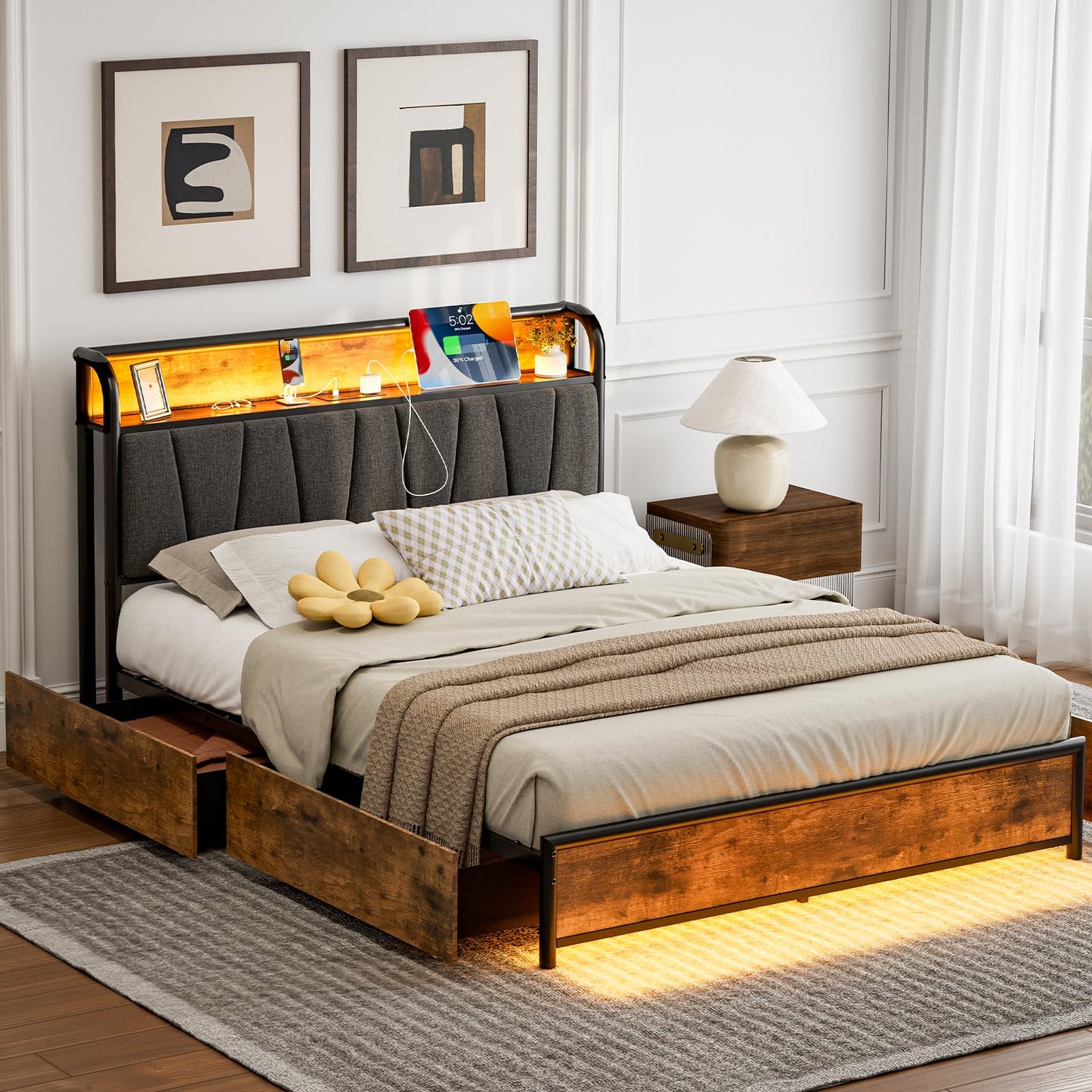 CIKUNASI Full Size Bed Frame with Headboard and Storage 4 Drawers Platform Bed Frame with Storage Chargin Station LED Light Bed Frame