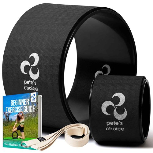 Extra Wide Yoga Wheel + Mini Wheel + Stretching Strap - Exercise guide included. Home Yoga kit for beginners. Improve posture, better mobility. Relieve Back Pain. Extra Large Jumbo Wheel. Baby Wheel