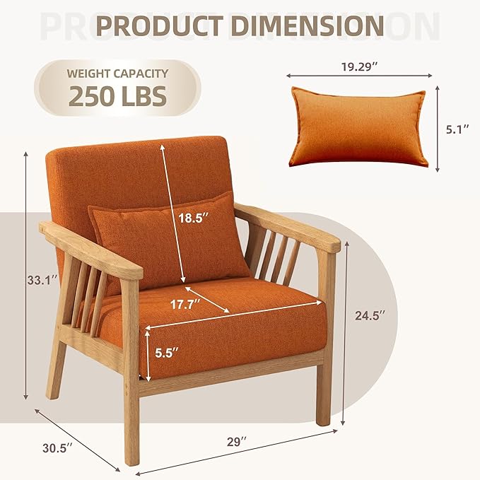 SEYNAR Mid-Century Accent Chair, Linen Fabric Armchair and Lounge Chair with Lumbar Pillow, Wide Seat & Solid Wood Frame for Living Room, Bedroom or Balcony (Orange)