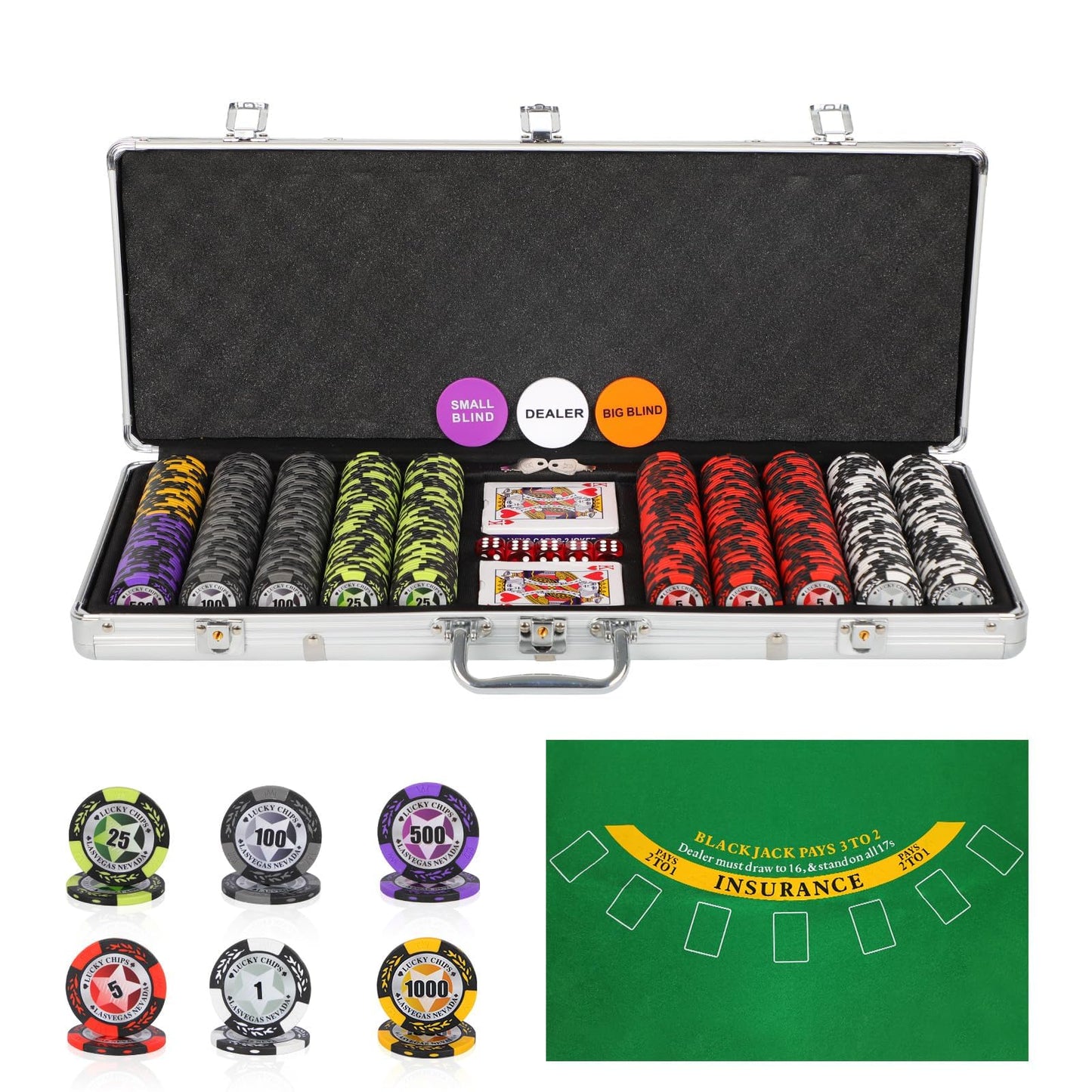 ORIENGEAR Poker Chip Set with Denominations, Comes with 500 PCS 14 Gram Clay Composite Casino Chips, 2 Decks Cards, Aluminum Case & Game Tablecloth for Texas Holdem, Blackjack & Gambling Games