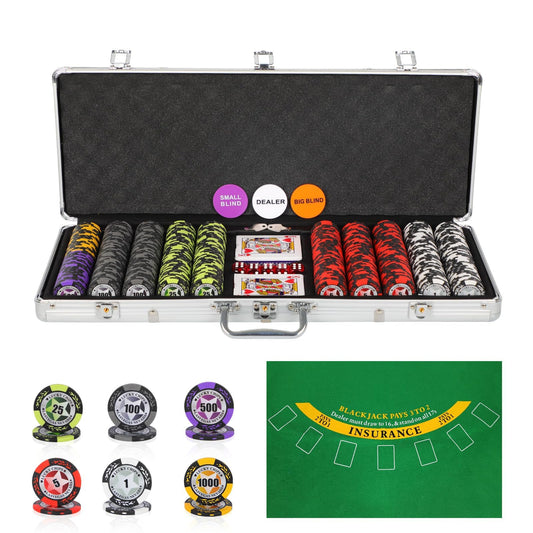 ORIENGEAR Poker Chip Set with Denominations, Comes with 500 PCS 14 Gram Clay Composite Casino Chips, 2 Decks Cards, Aluminum Case & Game Tablecloth for Texas Holdem, Blackjack & Gambling Games