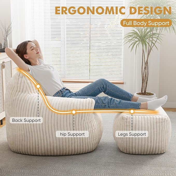 JULY'S SONG Bean Bag Chair with Ottoman for Adults, Fluffy Cream Lazy Couch Sofa Chair with Armrests for Living Room, Bedroom & Dorm