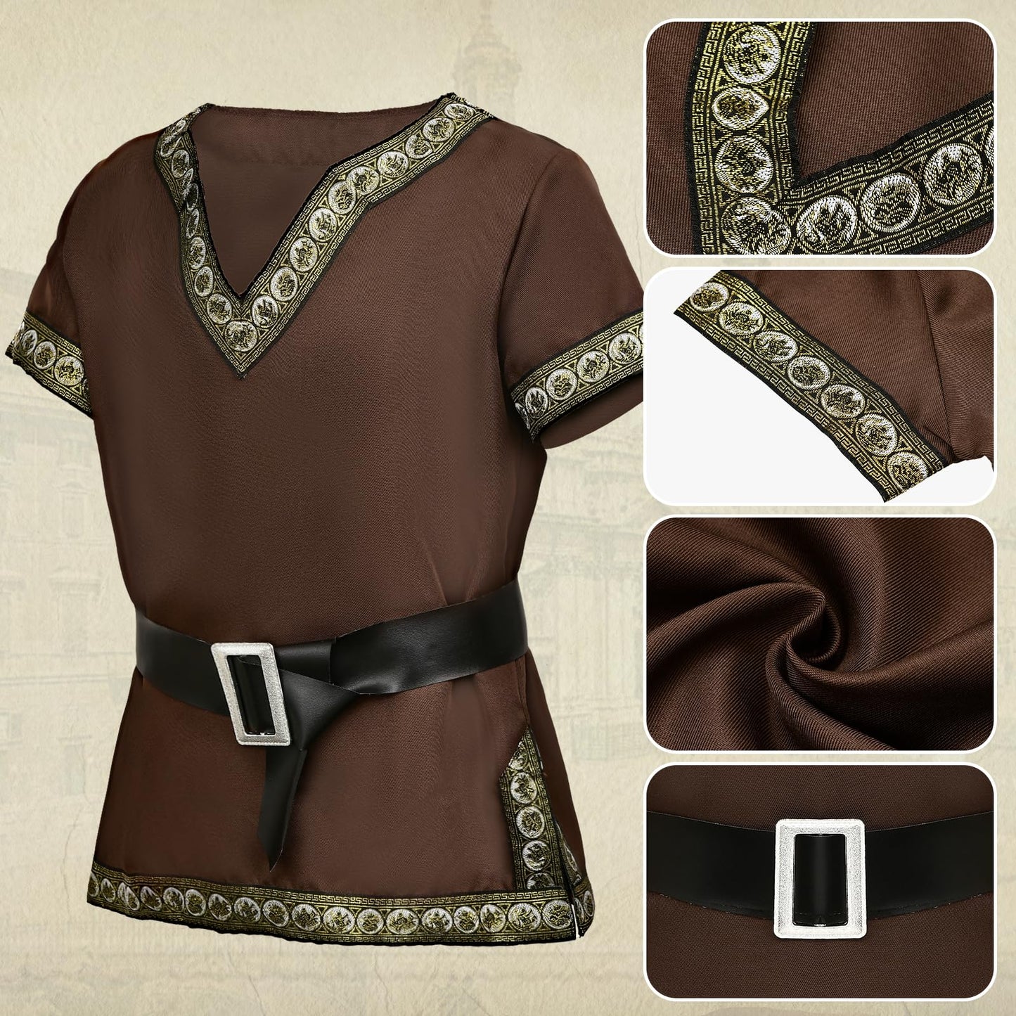 G.C Kids Renaissance Shirt Cloak Costume Belt Boys Medieval Costume Accessories Outfit Knight Hooded Cape Halloween Cosplay